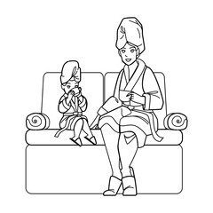 mother daughter spa vector. family beauty care, child skin facial mask, happy girl mum mother daughter spa character. people black line pencil drawing vector illustration