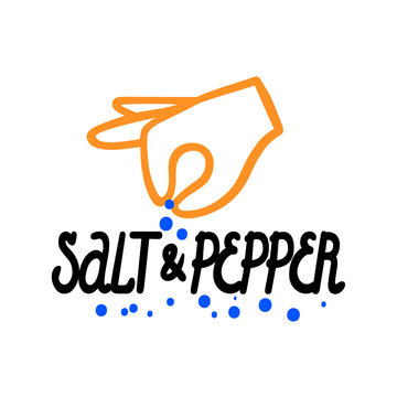 Salt and pepper. The hand pours spices on the letters. Vector outline image in cartoon flat style. Doodle, lettering, hand drawn.