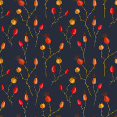 Seamless pattern, rose hips and gypsophila twigs, small flowers and berries on a dark background. Pastel hand drawing, pastel texture, paper texture.