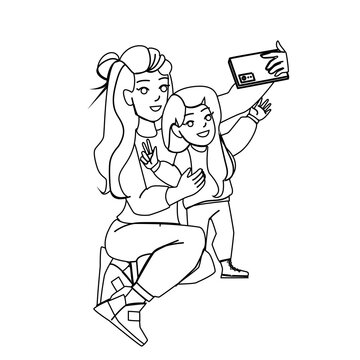mother kid daughter selfie vector. child family, young mom kid photo, woman phone mother kid daughter selfie character. people black line pencil drawing vector illustration