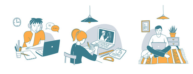 Young man at the desk is learning foreign language online.