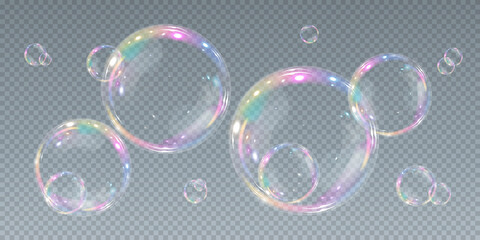Bubble PNG. Set of realistic soap bubbles. Bubbles are located on a transparent background. Vector flying soap bubbles. Water glass bubble realistic png	
