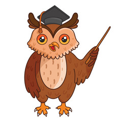 Vector illustration colored teacher owl.
Vector decorative template illustration for printing on postcards, t-shirts, bags, cups, clothing, Wallpaper, posters, coloring books, interior paintings.