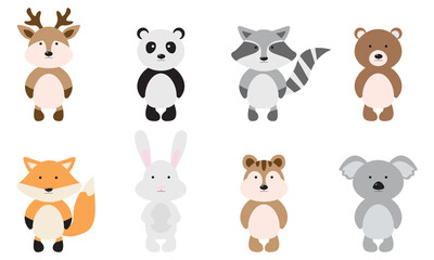 A large set of isolated animals. Vector collection of funny animals. Cute animals in cartoon style. Deer, panda, raccoon, bear, fox, hare, chipmunk, koala