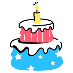 Independence cake with burning candle, sticker design 