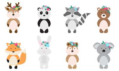 Cute animals with flower crown, vector illustration for kids room design, poster, birthday greeting card. Deer, panda, raccoon, bear, fox, hare, chipmunk, koala
