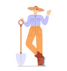 Fall harvest. Flat vector illustration with farmer in uniform, boots and hat holding a shovel. Concept of harvesting people or gathering crops.