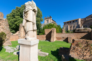 Forum Romanum, view of the ruins of several important ancient  buildings, statue of a headless...