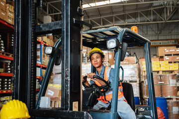 Portrait of a female worker with a forklift in the warehouse., Industrial and industrial concept.