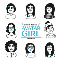 Girls avatars collection, hand drawn black and white graphics, girls portraits, doodles