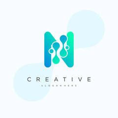 Initial Letter N Logo. Blue Gradient Linear Rounded Style with Connected Liquid Dots . Usable for Business Science and Technology Logos. Flat Vector Logo Design Template Element.