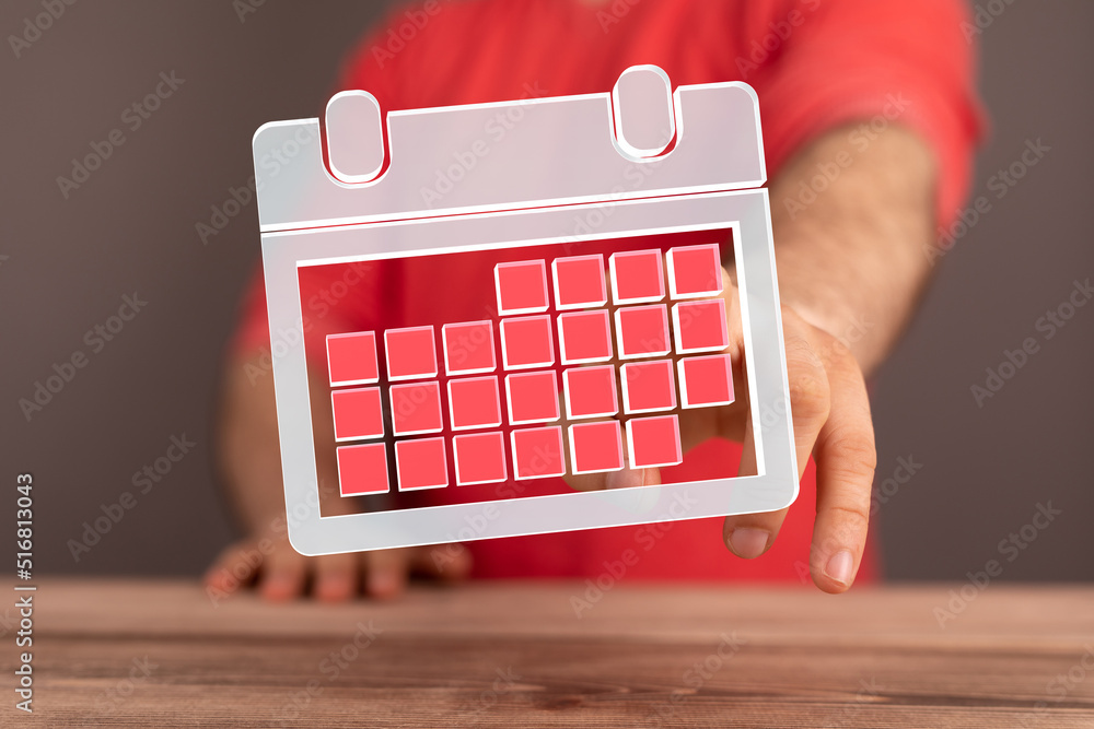 Poster minimal calendar icon with hand isolate on soft pink background. paper calendar icons. calendar date