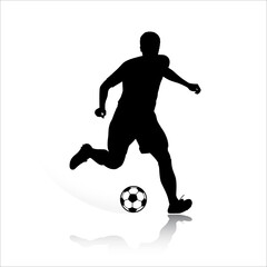 Fototapeta na wymiar Football Soccer player silhouette with ball. High quality isolated Logo. Sport player shooting on white background. Vector illustration