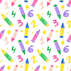 Seamless pattern for the day of knowledge in wax crayons on white isolated background.Holiday print,for the first school year hand drawn in doodle style with oil pastels.Design for wrapping paper.