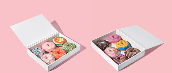 Decorated donuts in a box on pink background