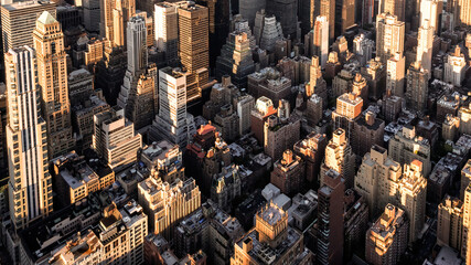aerial view over manhattan at sunset