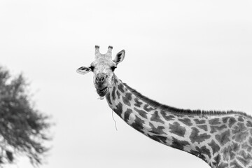 side view of giraffe neck and head looking at camera