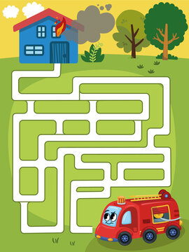 Help the fire engine to reach the burning house. Maze game for children. Vector illustration.
