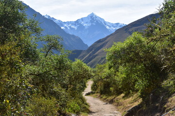 The dramatic landscapes of the Andes Mountains and cloud forests around the hiking path on the Inca Trail in Peru