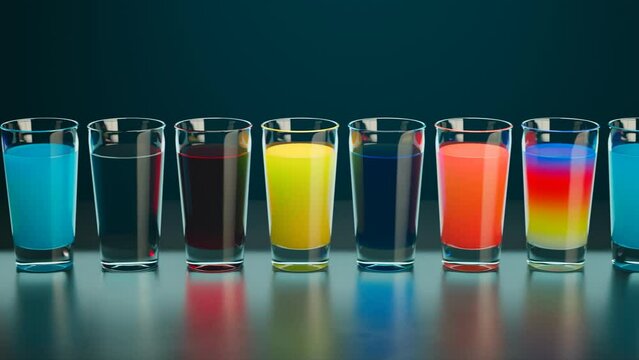 A set of multicolour shots drinks against the dark background. Variety of drinks