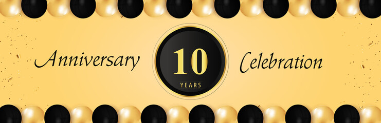 10 years anniversary celebration with gold and black balloon borders isolated on yellow background. Premium design for happy birthday, marriage, greetings card, celebration events, graduation.
