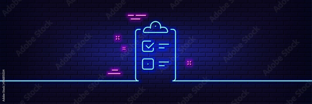 Poster neon light glow effect. checklist line icon. clipboard document sign. questioning survey symbol. 3d 