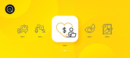Like, Consulting business and Volunteer minimal line icons. Yellow abstract background. Eye drops, Dont touch icons. For web, application, printing. Star rating, Team meeting, Social care. Vector