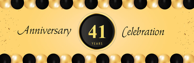 41 years anniversary celebration with gold and black balloon borders isolated on yellow background. Premium design for happy birthday, marriage, greetings card, celebration events, graduation.
