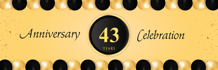 43 years anniversary celebration with gold and black balloon borders isolated on yellow background. Premium design for happy birthday, marriage, greetings card, celebration events, graduation.