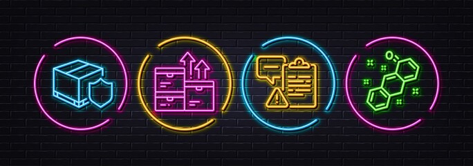 Wholesale goods, Delivery insurance and Clipboard minimal line icons. Neon laser 3d lights. Chemical formula icons. For web, application, printing. Vector