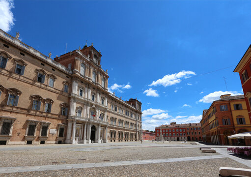 Modena, Emilia-Romagna, Italy, panorama of Piazza Roma with in the background the facade of the former ducal palace, now the Military Academy, touristic place