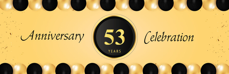 53 years anniversary celebration with gold and black balloon borders isolated on yellow background. Premium design for happy birthday, marriage, greetings card, celebration events, graduation.