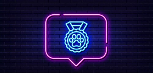 Neon light speech bubble. Dog competition line icon. Pets award sign. Champion winner prize symbol. Neon light background. Dog competition glow line. Brick wall banner. Vector