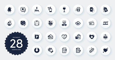 Set of Business icons, such as Chemical formula, Recovery data and Startup flat icons. Work home, Megaphone, Parking web elements. Clapping hands, Clock bell, Agreement document signs. Vector