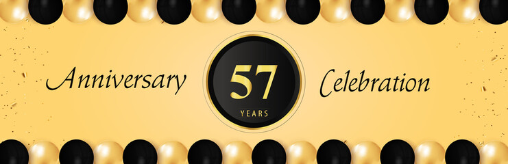 57 years anniversary celebration with gold and black balloon borders isolated on yellow background. Premium design for happy birthday, marriage, greetings card, celebration events, graduation.