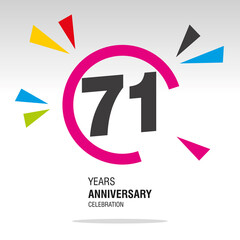 71 Years Anniversary, number in broken circle with colorful bang of confetti, logo, icon, white background
