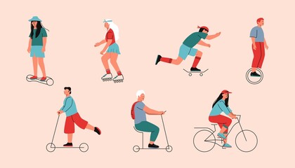 People doing outdoor activities. Abstract male female cartoon characters ride bicycle scooter skate rollers. Vector set © Studio Cantath