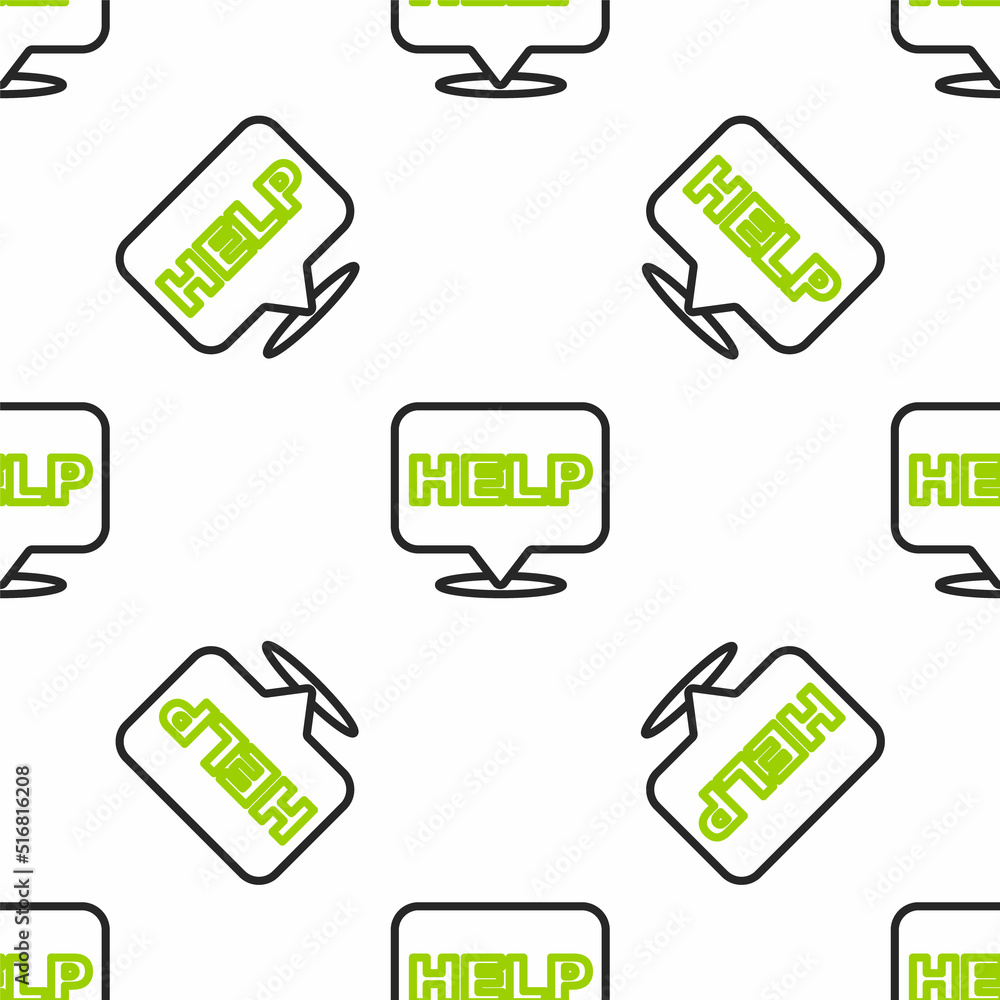 Poster line speech bubble with text help icon isolated seamless pattern on white background. vector