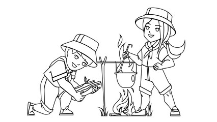 Scout Camp Resting Little Boy And Girl Vector. In Scout Camp Schoolboy And Schoolgirl Kindle Fire And Cooking Dish Together. Characters Children Enjoying Outdoor black line illustration