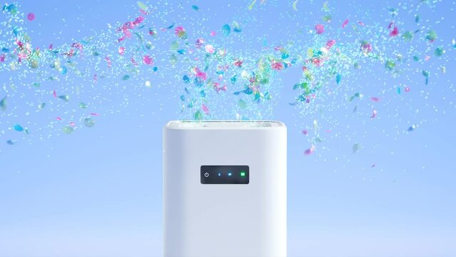 Bright animation of smart home air purifier absorbs air particles. Fresh air.