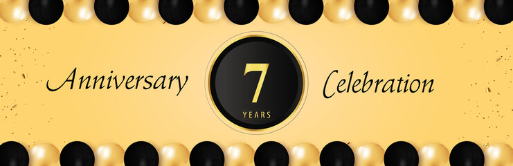 7 years anniversary celebration with gold and black balloon borders isolated on yellow background. Premium design for happy birthday, marriage, greetings card, celebration events, graduation.