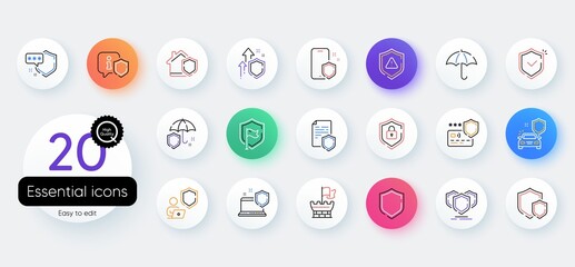 Defense line icons. Bicolor outline web elements. Car insurance, Secure shield and Safe umbrella. Safety risk, Computer security and Defense privacy icons. Vector