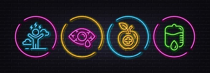 Difficult stress, Ð¡onjunctivitis eye and Medical food minimal line icons. Neon laser 3d lights. Drop counter icons. For web, application, printing. Mind anxiety, Optometry clinic, Apple. Vector