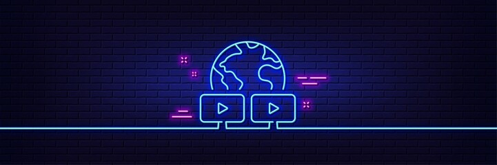 Neon light glow effect. Virtual conference line icon. Online training sign. Video team presentation symbol. 3d line neon glow icon. Brick wall banner. Video conference outline. Vector
