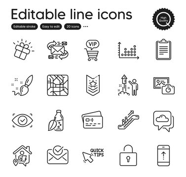 Set of Business outline icons. Contains icons as Gift, Vip shopping and Escalator elements. Card, Approved mail, Metro map web signs. E-mail, Swipe up, Shoulder strap elements. Vector