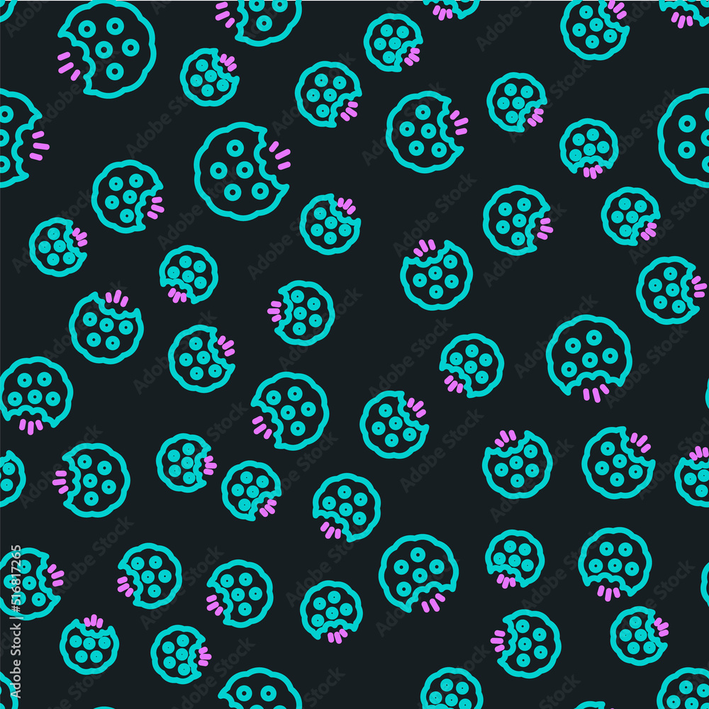 Poster line cookie or biscuit with chocolate icon isolated seamless pattern on black background. vector