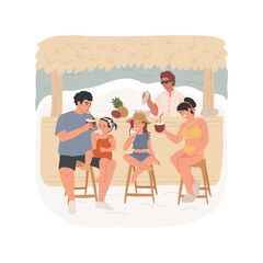 Beach bar isolated cartoon vector illustration. Parents and kids sitting in beach resort bar, drinking tropical cocktail, coconut juice, eating ice-cream, wearing swimming suit vector cartoon.