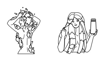 shampoo shower woman vector. hair water, bathroom wash girl, body female bath, wet skin shampoo shower woman character. people black line pencil drawing vector illustration