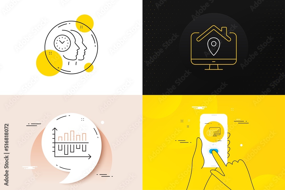 Poster minimal set of time management, diagram chart and work home line icons. phone screen, quote banners.