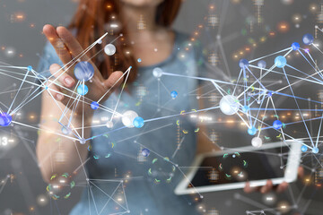 abstract lines with dots over dark background.